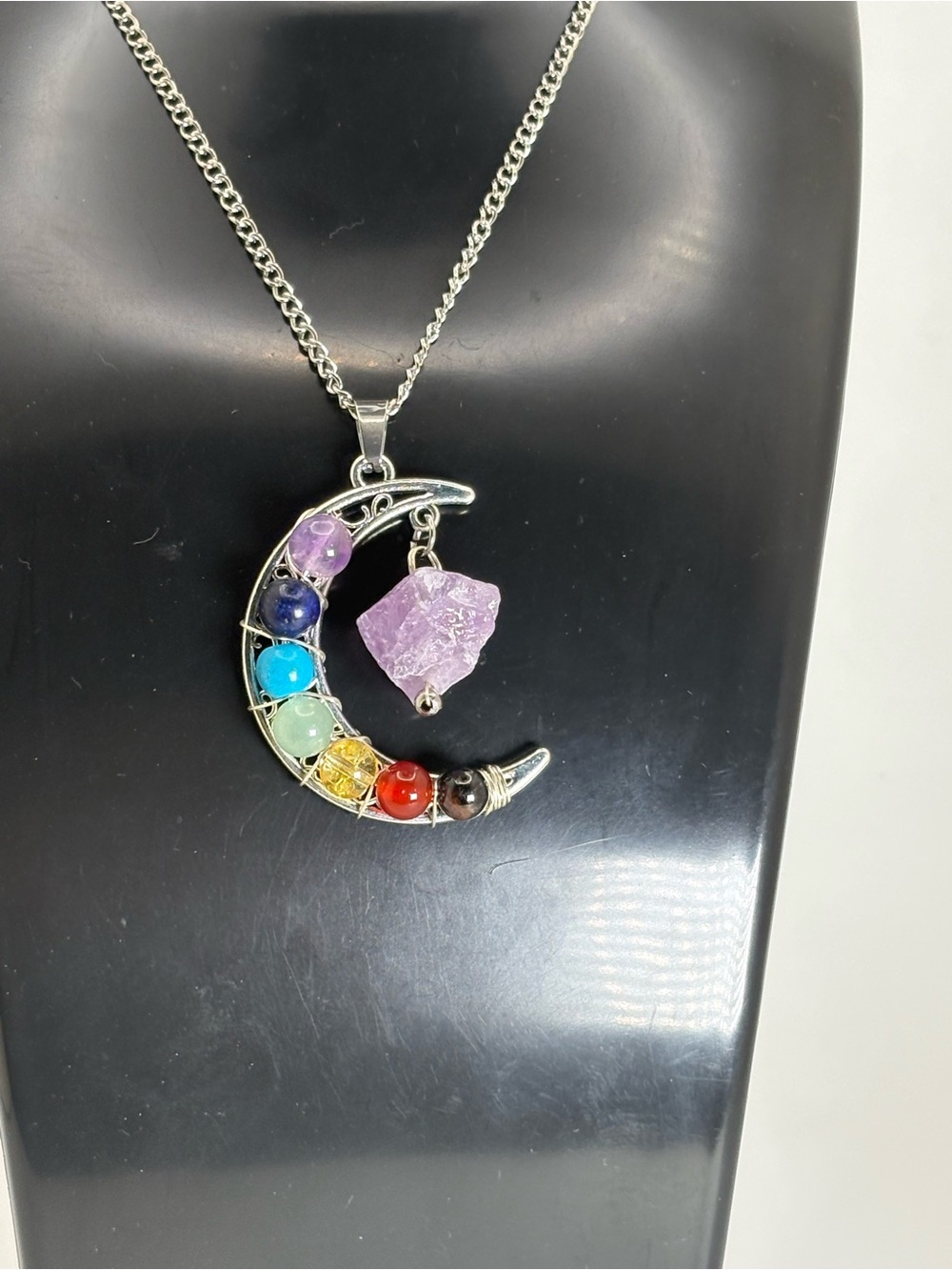 Chakra Crescent Moon Necklace | Amethyst Crystal Pendant